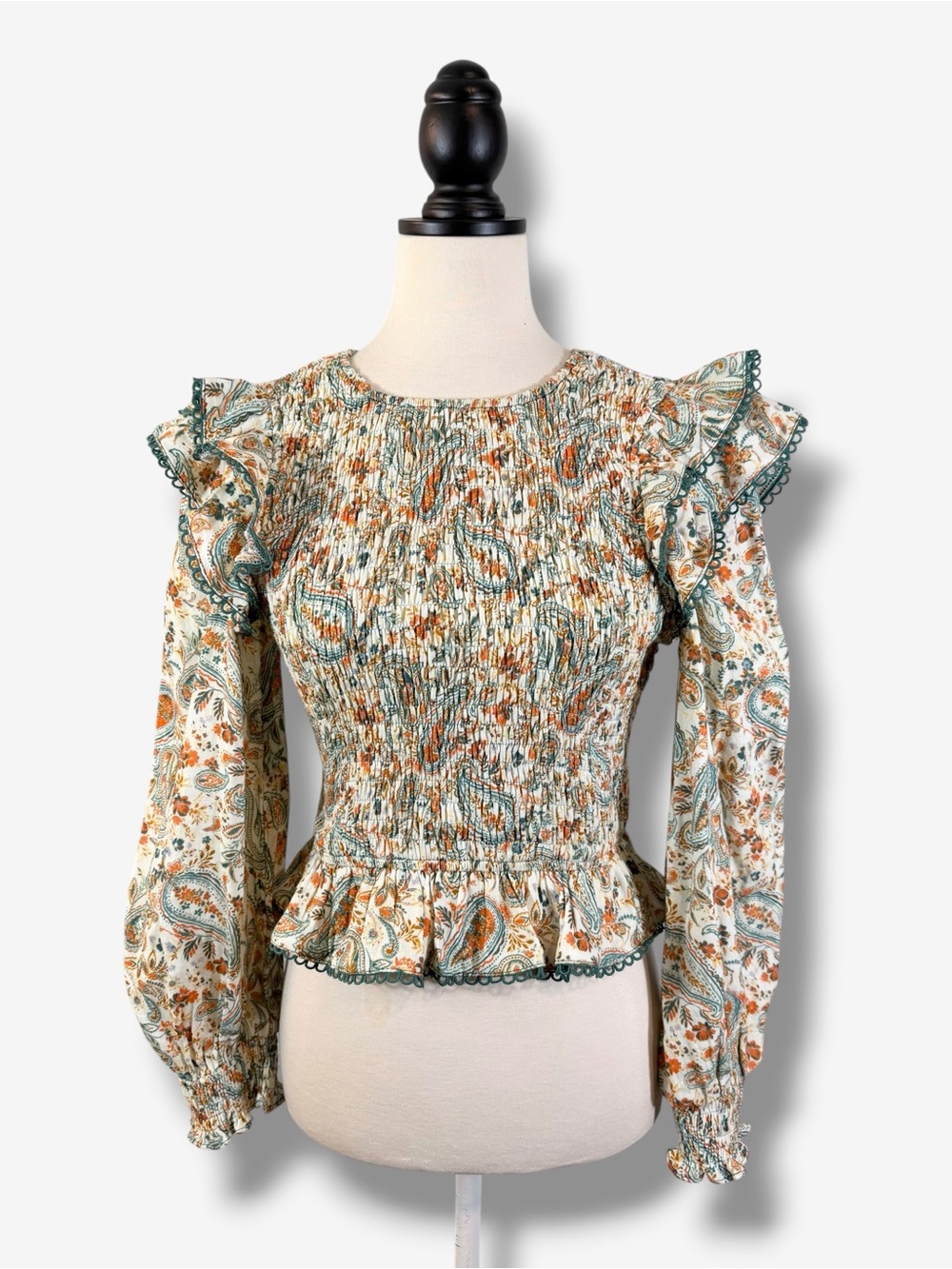 Three Bird Nest Paisley Smocked Peplum Blouse S Ruffle Puff Sleeve Boho